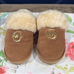 Michael Kors Brown and Cream Cozy Slippers with MK Logo
